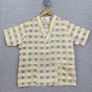 Medtech Scrub Top Womens Medium Yellow Patchwork Squares Healthcare Uniform